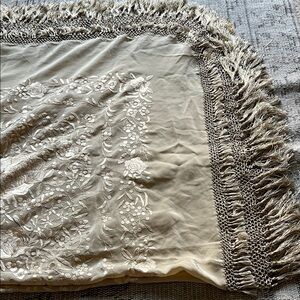 Embroidered Floral Silk Scarf in Soft Cream